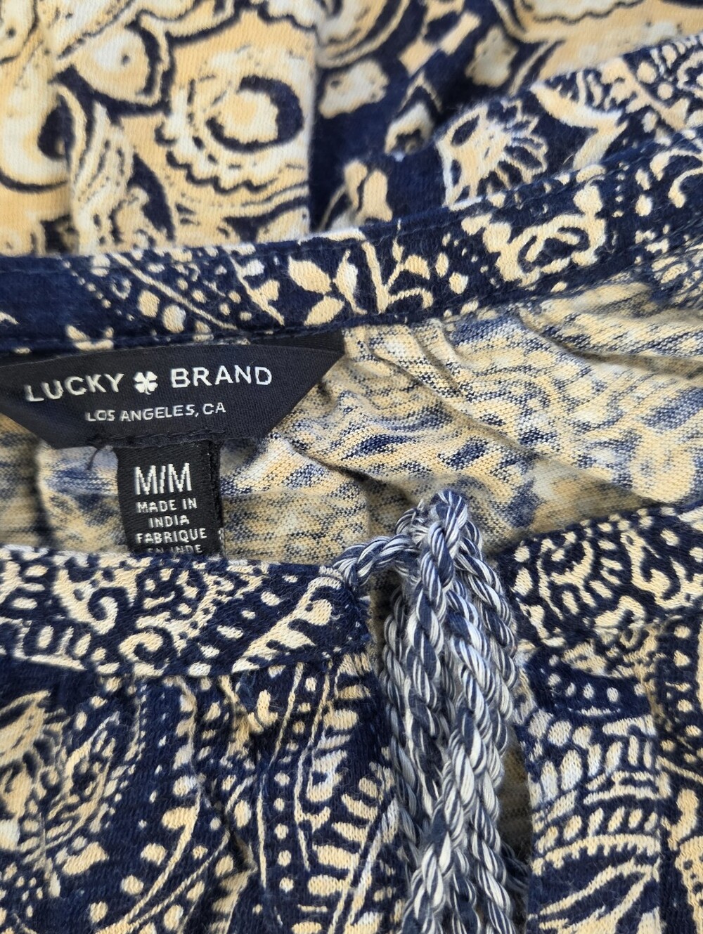 Lucky Brand M Medium Boho Paisley Tie-Neck Peasant Blouse - Navy/Cream - Picture 6 of 7